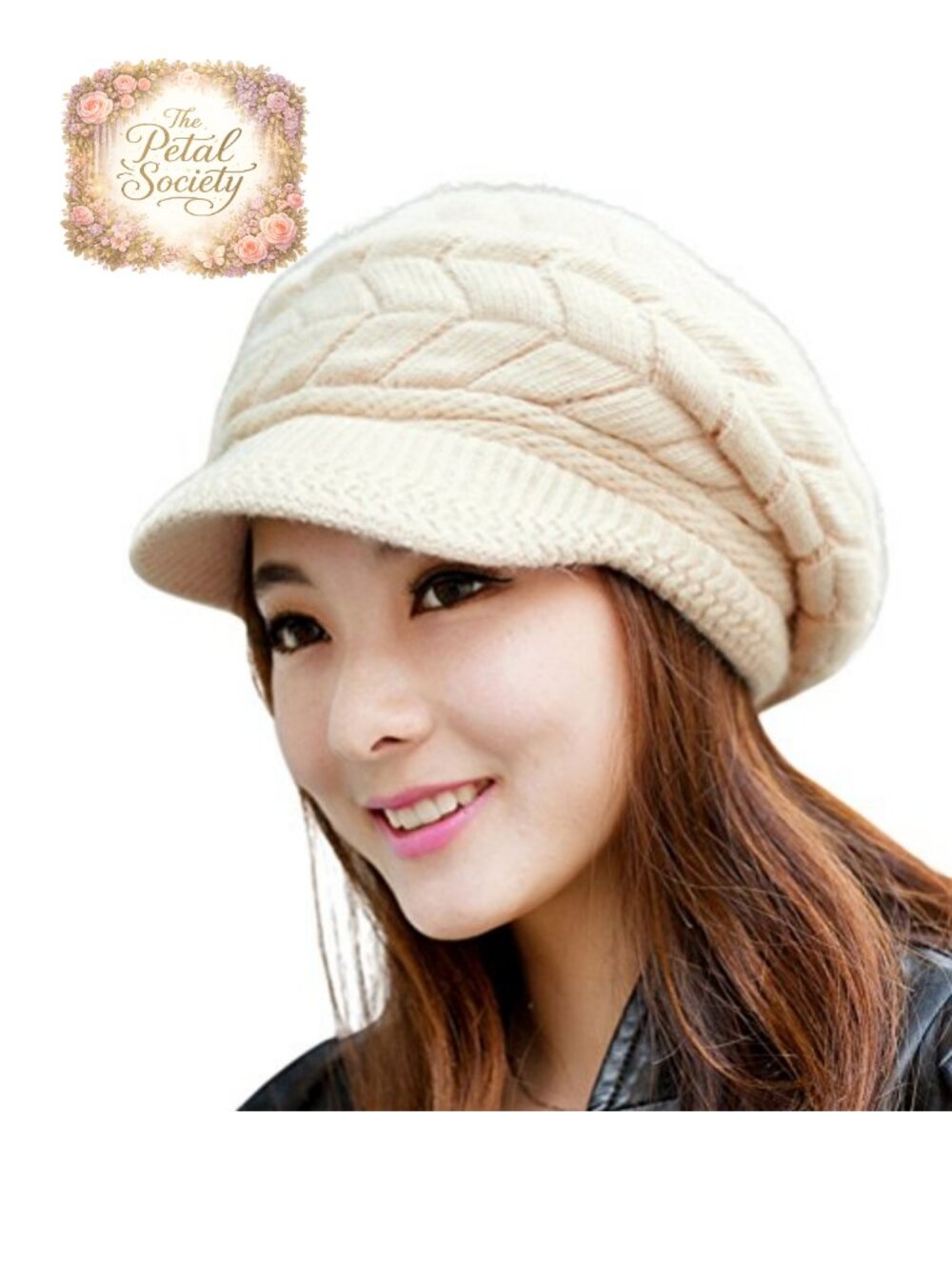 Women Winter Warm Knit Hat Wool Snow Ski Cap with Visor Ear Cover